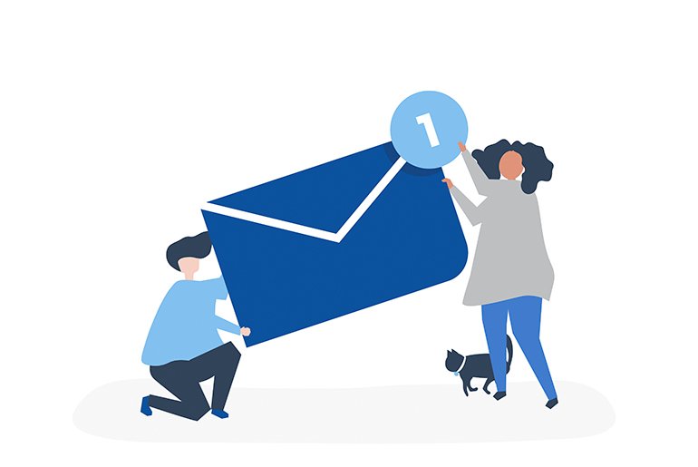Illustration of man and woman moving email envelope