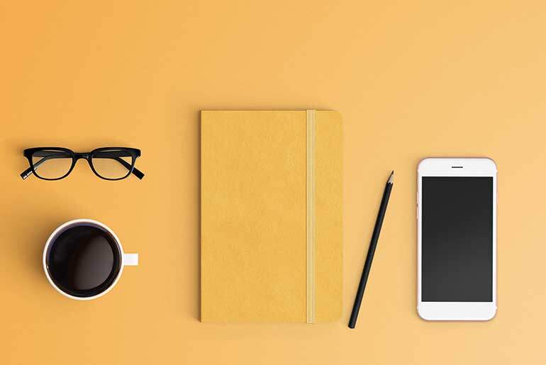 Notebook, Glasses, Phone, Coffee