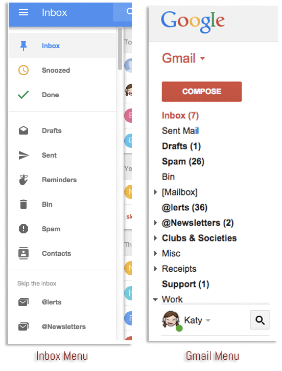 Inbox and Gmail menus
