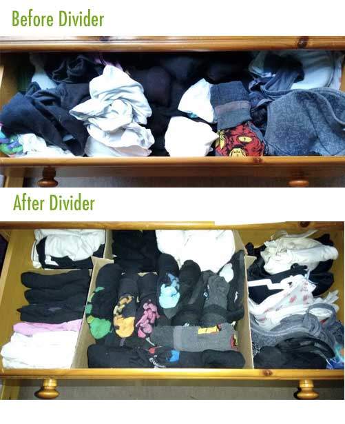 Drawers organised with a divider - before & after