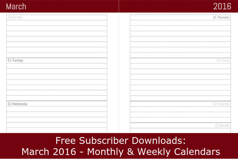 Free Subscriber Downloads : March Week & Month Calendar