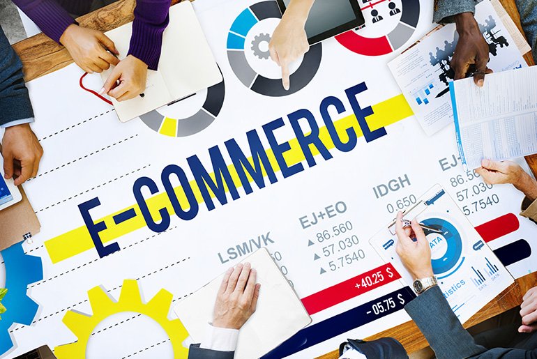 E-Commerce sign with People Pointing