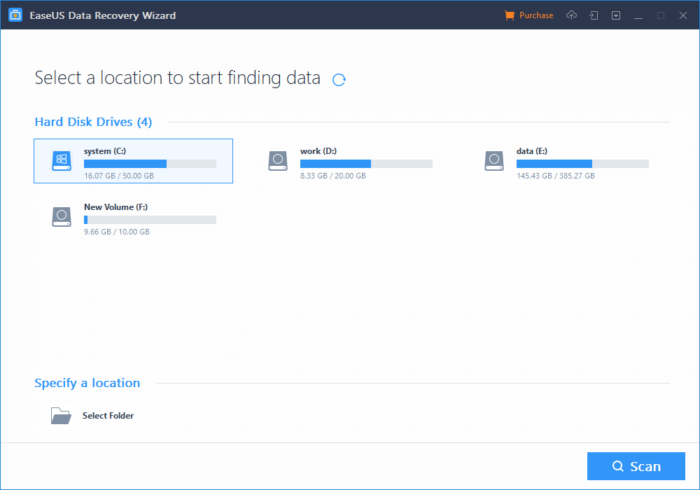 EaseUS Data Recovery- select a location