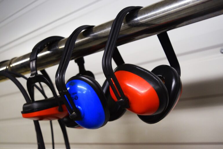Set of blue and red ear defenders