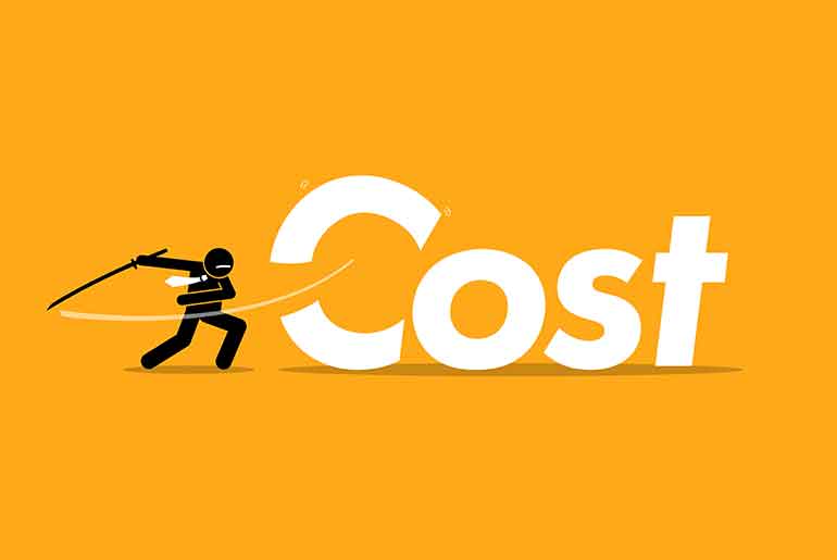 Illustration of businessman dressed as a ninja cutting the word cost with a sword
