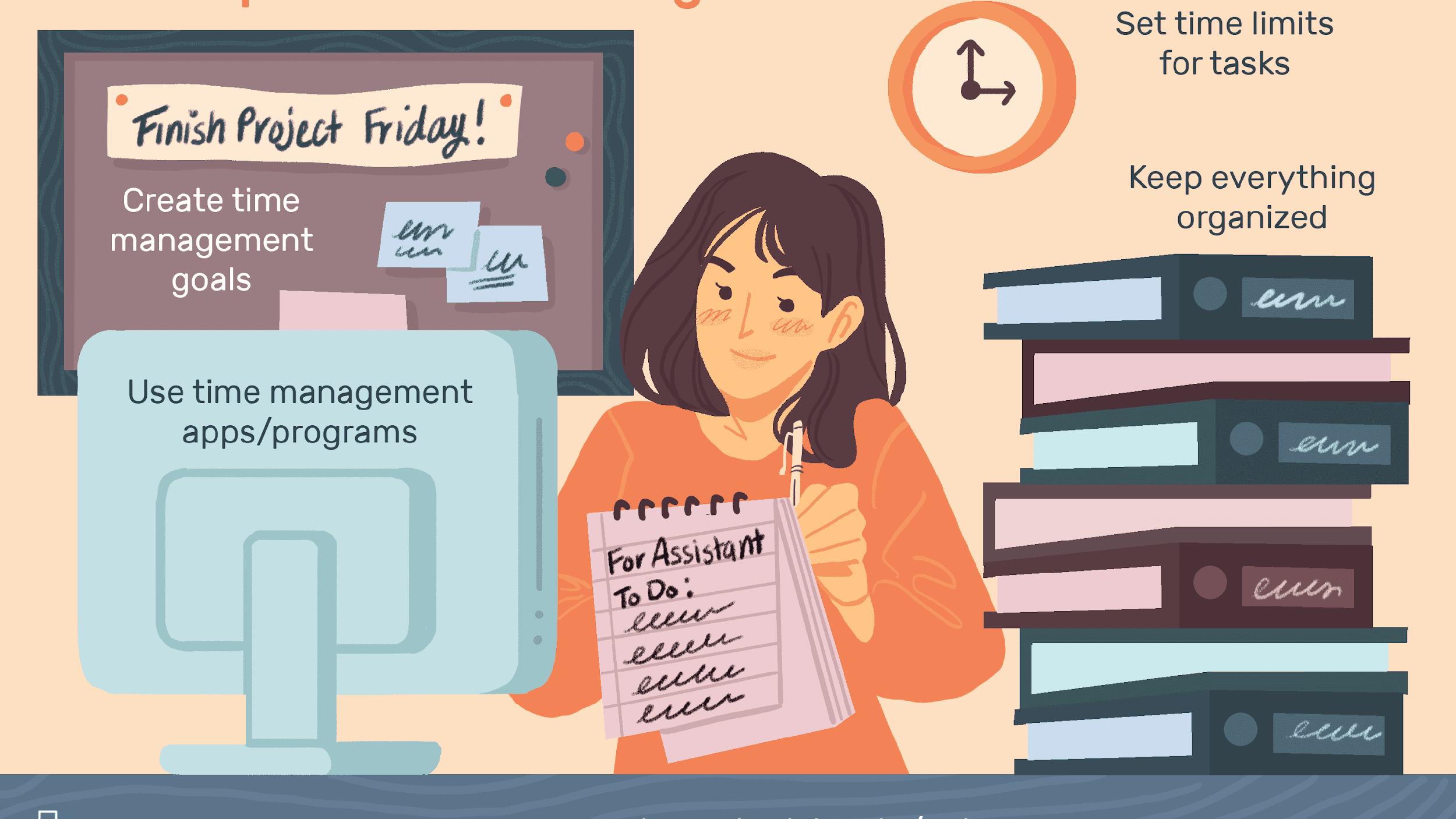 Illustration of person with a to-do list and stack of books