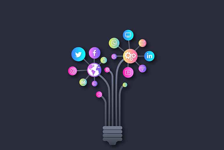 Illustration of digital marketing and social media icons making a lightbulb