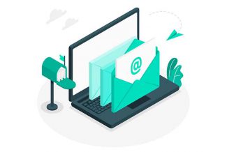 Illustration of emails coming out of a laptop with a mailbox at the side