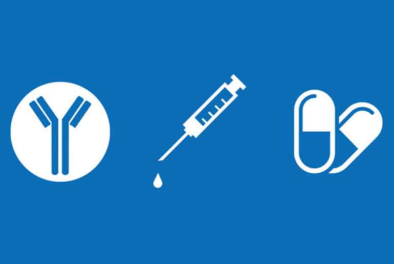 Illustration of a needle and two pills on a blue background
