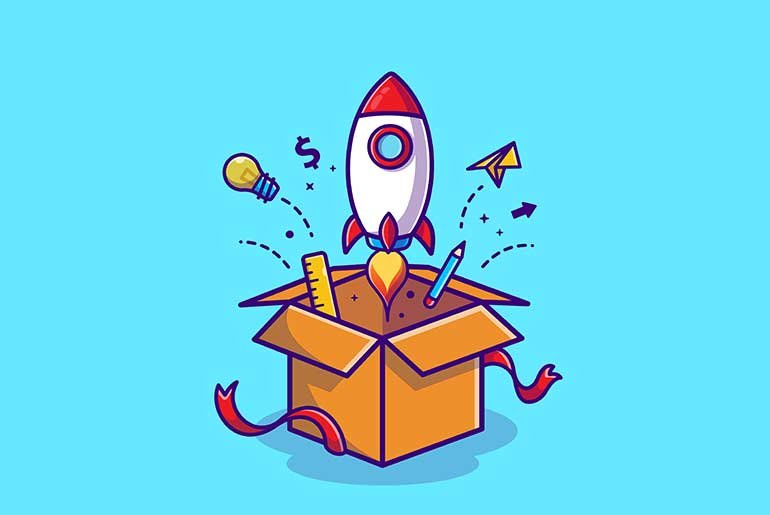 Illustration of cartoon rocket bursting from a cardboard box