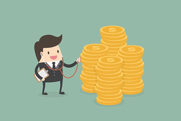 Illustration of a businessman with a pile of coins