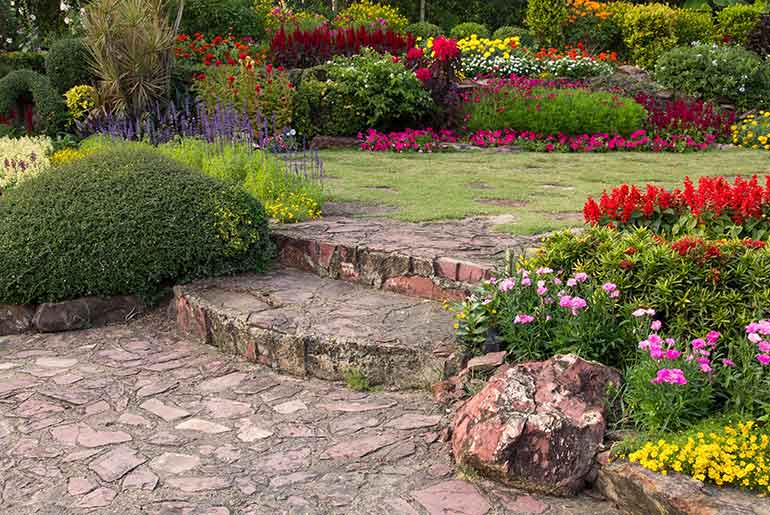 Colourful garden with flowers and paving