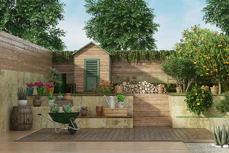 Two level garden with shed