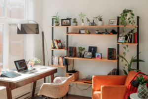 Bright home office with desk and shelving