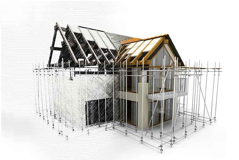 3D Illustration of a house with scaffolding surrounding it