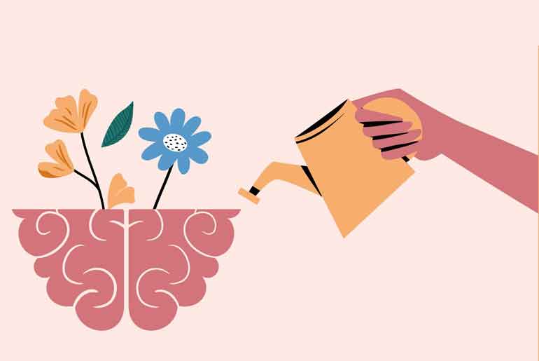 Illustration of flowers growing out of a brain being watered