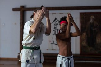 Karate teacher and student practicing a technique