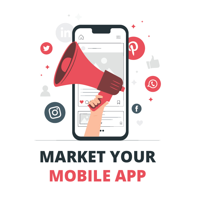 Illustration of a bull horn on a smartphone screen with the text Market your mobile app