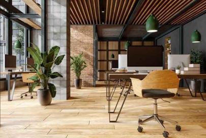 Open plan office with a wooden ceiling and lots of plants