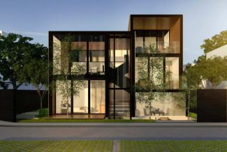 Smart modern home with large windows and trees outside