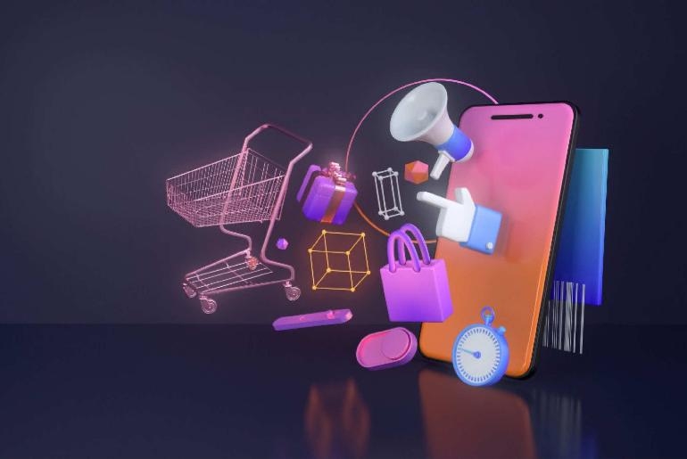 Illustration of a mobile phone, social media icons and a shopping cart