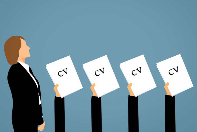 Illustration of people holding up their CVs/resumes