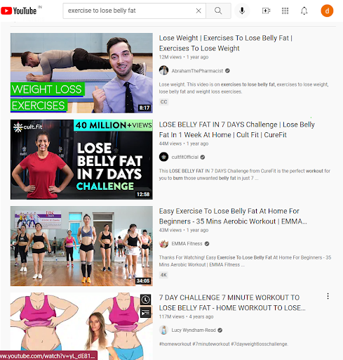 YouTube search results for exercises to lose belly fat