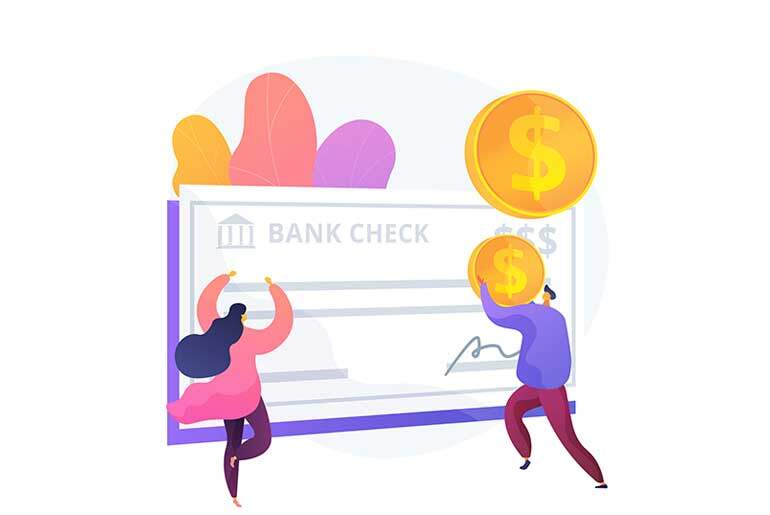 Illustration of a bank check with a gold coin on it