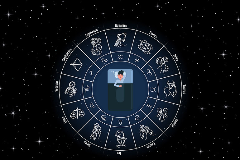 Hororscope wheel against a starry background with someone sleeping in the middle