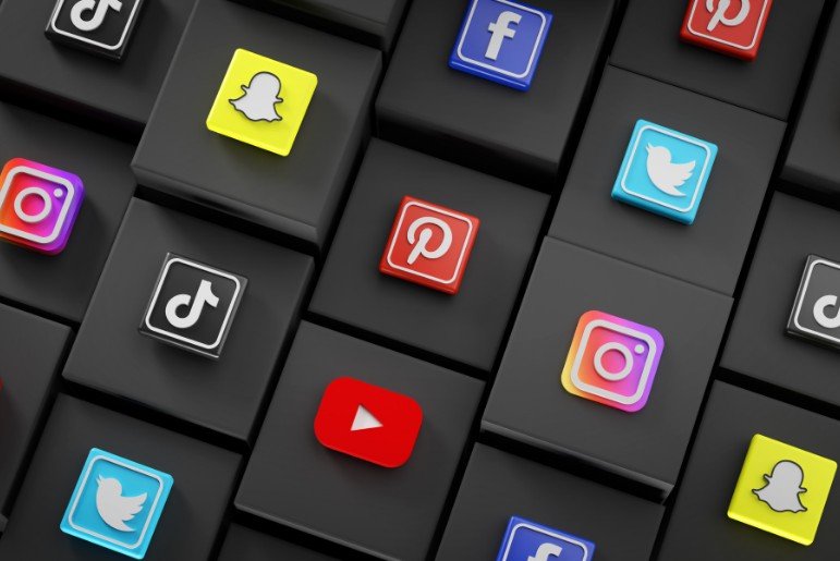 Social media icons on black blocks