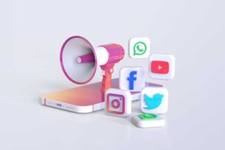 Social media marketing showing a megaphone, mobile phone and social media icons