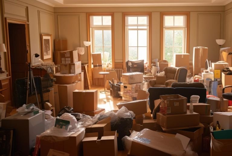 Cluttered room with packing boxes, furniture and possessions