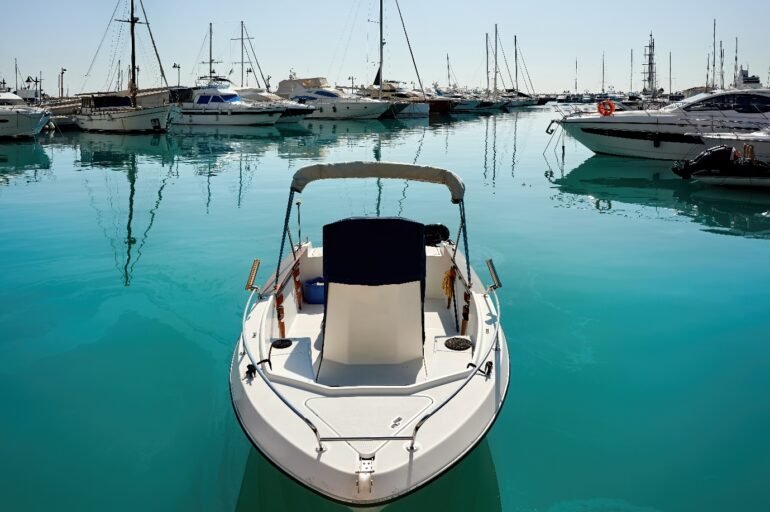 A small speedboat in a harbour