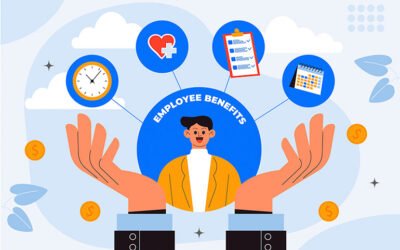 Illustration of a happy person surrounded by icons of workplace benefits