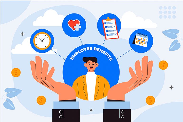 Illustration of a happy person surrounded by icons of workplace benefits